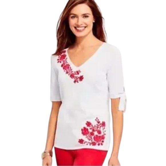 Talbots Floral Embroidered White and Red Blouse - Picture 1 of 7
